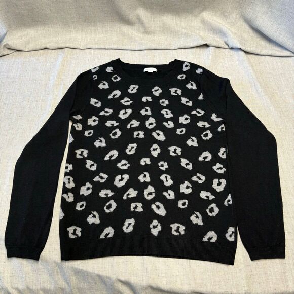 Garnet Hill Leopard Print Black Grey Wool Sweater Crew Neck Women’s Medium - Picture 9 of 12